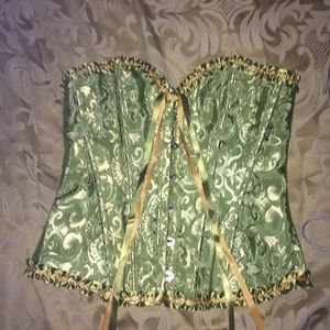 Ladies sexy cotton corset, brocade green, satin ribbons, with boning size M